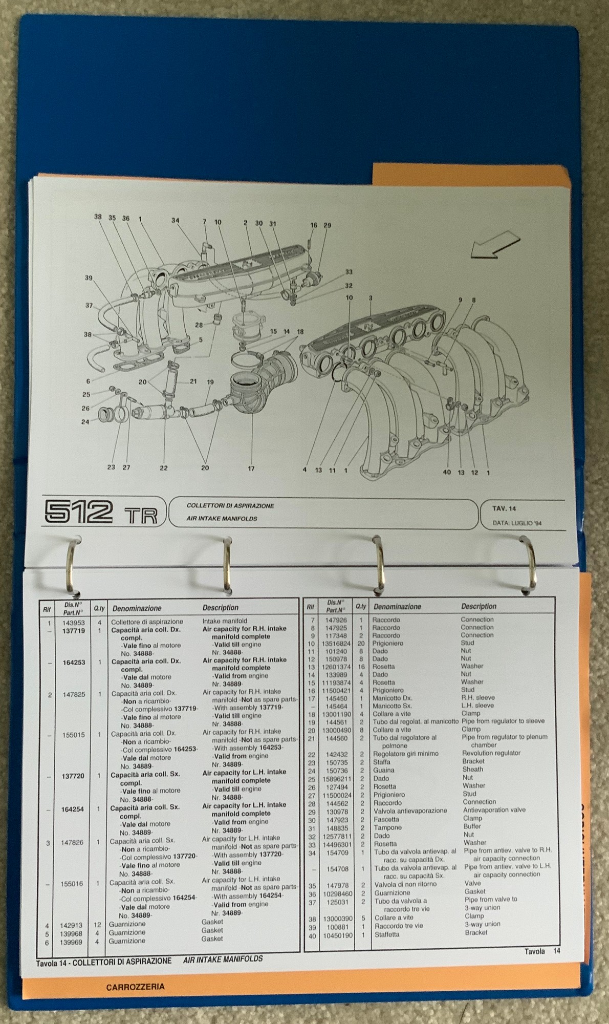 1994 Ferrari 512 TR Spare Parts Catalogue, Mar Parts, New Ferrari